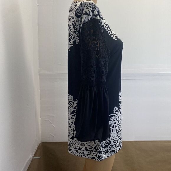 ALFANI Women‎ Tunic Black White Floral Round Neck 3/4 Sleeve Stretch Top S Used - Picture 2 of 14